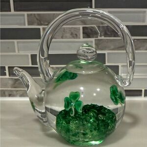 St. Patty's Day 3 Leaf Clover Teapot Shaped Glass Paperweight